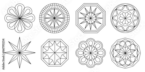 Geometric mandala patterns black and white line art