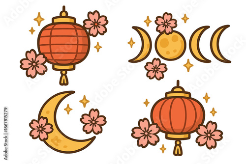 Cute Asian lanterns and celestial moon phases with cherry blossoms. Vector cartoon sticker set for seasonal celebrations like Mid-Autumn Festival. Magical spiritual symbols.