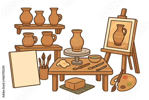 Artisan pottery and painting workshop. Creative hobby or craft concept. Vector illustration of a potter's wheel, clay vase, easel, and art supplies in a studio space.