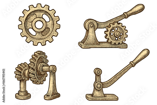 Set of vintage mechanical gears and levers. Industrial steampunk machinery parts collection. Retro technology concept with cogwheels and mechanisms. Engraved vector illustration.