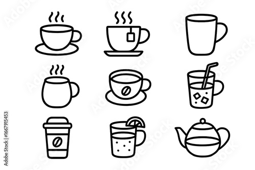 Coffee and tea outline icon set. Vector linear style symbols for cafe menu. Collection of hot and cold drinks, mugs, cups, teapot, latte, espresso, cappuccino illustrations.