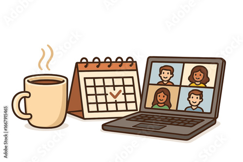 Remote work and home office concept. Laptop with a virtual team meeting for online collaboration. Desk calendar for scheduling appointments and planning. Cozy workspace vector.