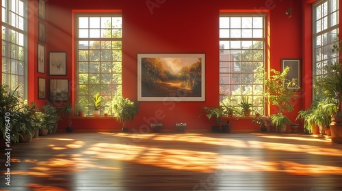A cozy living room with red walls large windows and plants bathed in natural light from outside creating a warm inviting atmosphere