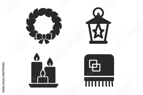 Cozy home decor icon set. Seasonal solid glyphs for winter, autumn, Christmas. Includes holiday wreath, decorative lantern, candles, and warm throw blanket. Vector symbols.