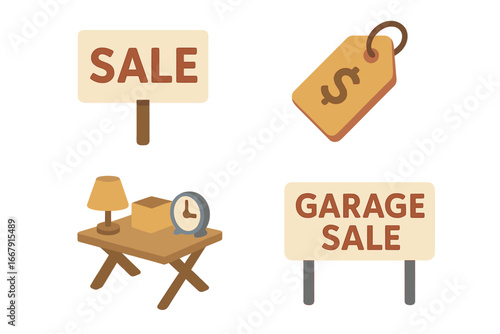Garage sale vector icon set. Isometric flat design elements for a yard sale or flea market. Includes sale sign, price tag, and a table with used items like a lamp and clock.