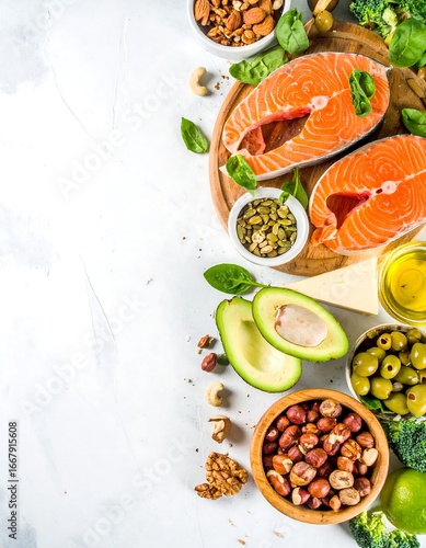 Wallpaper Mural Healthy Diet Food Variety on Light Background, Salmon, Avocado, Nuts. Torontodigital.ca