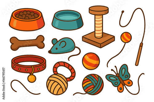 Big set of pet accessories for cats and dogs. Vector cartoon illustration of pet supplies like food, water bowl, toys, bone, collar, scratching post. Pet shop elements.
