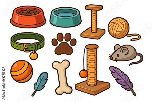 Pet shop icon set with cat and dog toys and supplies. Cartoon vector collection with food bowl, bone, collar, scratching post, yarn ball, and mouse toy for domestic animals.