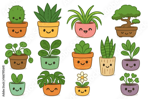 Cute kawaii potted plants characters collection. Set of various houseplants with smiling faces. Vector cartoon icons of succulent, cactus, monstera, pilea, bonsai for stickers.
