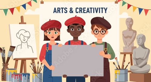 Young artists showcase creativity with blank sign, inspiring imagination and artistic expression