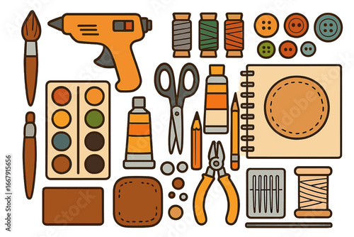 Art and craft supplies set for DIY projects. Handmade creation tools collection. Glue gun, paint, brush, scissors, thread, buttons. Vector illustration for hobby or workshop.