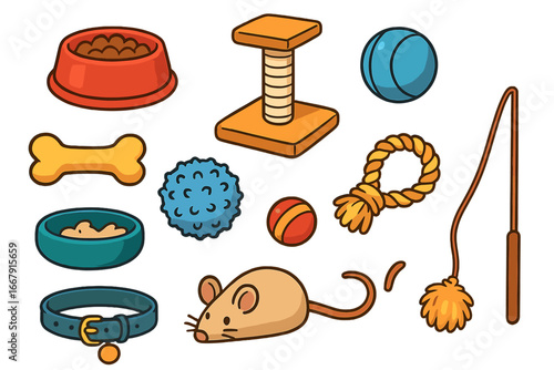 Pet shop assortment. Vector cartoon collection of pet toys and accessories. Cat and dog supplies set with food bowl, bone, ball, collar, scratching post, rope and mouse toy.