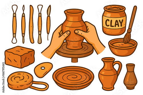 Pottery workshop icon set with hands shaping clay on a wheel. Vector cartoon collection of ceramic tools, vase, jug, and art supplies. Handmade craft and creative hobby concept.