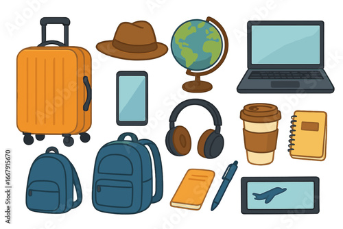 Digital nomad essentials for flexible lifestyle. Remote work and travel items set. Vector icons of laptop, luggage, phone for freelancer journey. Workation concept illustration.