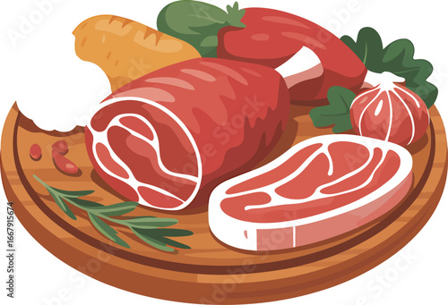 Fresh Meat Cuts with Vegetables and Herbs on Wooden Board Culinary Still Life Artwork for Restaurant and Butchery Concepts and Healthy Eating Illustration