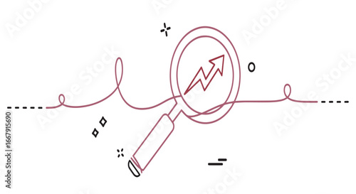 Magnifying glass focusing on a rising graph with a lightning bolt, symbolizing growth and analysis.
