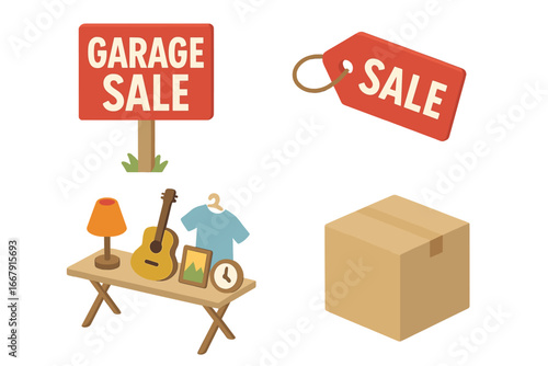Garage sale vector icon set. Isometric flat illustration of yard sale and flea market concepts. Second hand items for sale, price tag, sign, box, furniture, clothes.