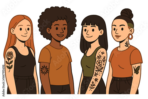 Diverse group of women with tattoos. Multicultural friends. Female empowerment, feminism, friendship and community concept. Different hairstyles and body art. Vector illustration.