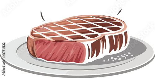 Illustration of a succulent grilled steak resting on a plate showcasing delicious char marks and accompanied by a sprinkle of sea salt ready for a mouthwatering meal