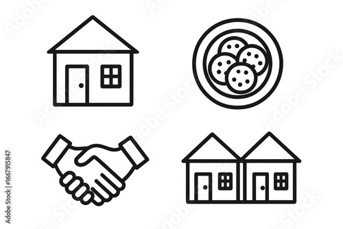 Neighborly sharing and community life vector outline icon set. Good neighborhood, kindness, support, and welcome concepts. Icons of house, homemade food, handshake, and homes.
