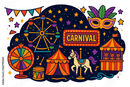 Colorful carnival and funfair concept. Vector cartoon set with amusement park icons. Ferris wheel, circus tent, carousel horse, mask. Night festival celebration illustration.