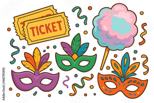 Colorful carnival elements collection with tickets, cotton candy, and feathered masks. Vector cartoon illustration set for festive celebrations, parties, fairs, and masquerades.