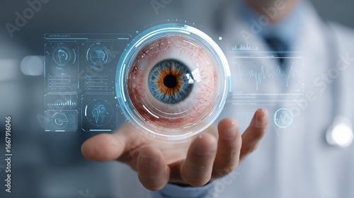 Doctor's hand holding eye, augmented reality, hospital, examining, medical, technology