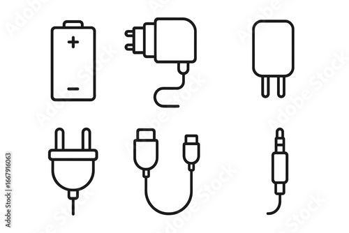 Electronics outline icon set. Battery, charger, adapter, plug, cable icons. Vector line art for mobile power, energy, connection. Technology symbols, phone charge pictogram.
