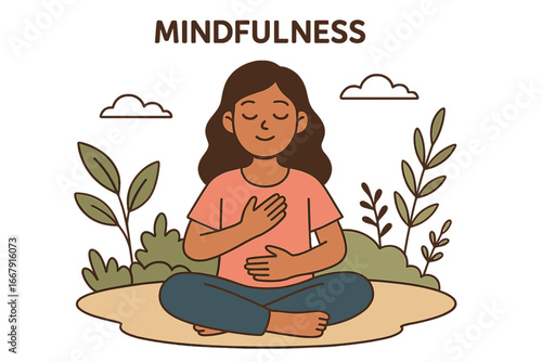 Mindfulness meditation for mental health. Woman practices breathing exercise for wellness. Concept of relaxation, harmony, balance. Self-care and yoga vector illustration.