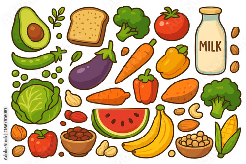 Plant-based food set. Healthy vegan and vegetarian nutrition concept. Collection of cartoon vegetables, fruits, nuts and beans. Organic grocery elements. Vector illustration.