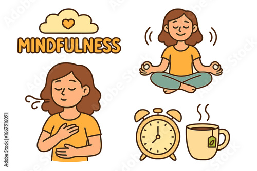 Mindfulness and relaxation vector element set. Woman in yoga lotus pose and deep breathing. Icons for self-care, mental health, stress relief, calm, and well-being.