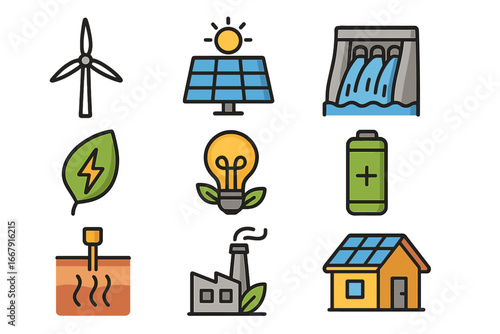 Renewable energy icon set. Green power sources collection. Solar panel, wind turbine, hydropower dam, geothermal, biomass. Sustainable technology vector graphics. Eco-friendly industry.