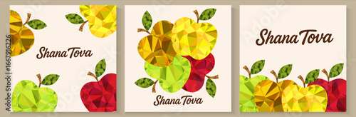Shana tova, Rosh Hashanah, Jewish New Year greeting cards, poster with apple and pomegranate pattern in trendy modern art drawing style, Rosh Hashana background for cover, web or social media banner.