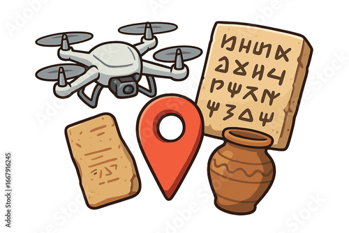 Archaeology technology concept with a drone exploring an ancient civilization site. Historical discovery, stone tablet, pottery, and map pin for an archaeological dig.