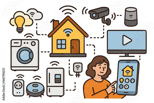 Smart home technology vector concept. Woman controlling connected appliances with phone. Internet of things, home automation system. Modern living with smart devices.