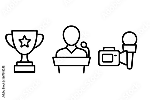 Event management line icon set. Awards ceremony, public speaking, press conference. Vector icons for winner trophy, speaker at podium, and media interview with microphone.