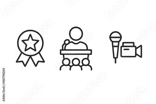 Event management and conference icon set. Public speaking, award ceremony, media interview, and presentation linear symbols. Vector outline graphic for business seminars.