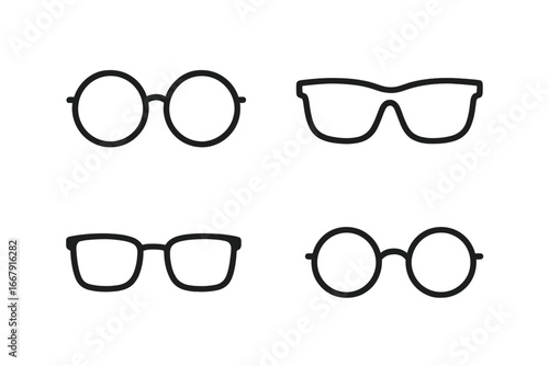 Eyewear outline icon set. Glasses, sunglasses, spectacles frames in line art style. Vision, optometry and fashion accessory concept. Different shapes of eyeglasses vector.