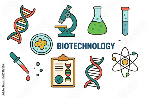 Biotechnology icon set. Genetic research, science concept. Vector collection of laboratory symbols: DNA, microscope, flask, test tube, atom. Flat cartoon style biology design.