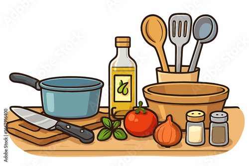 Kitchen counter with cooking utensils and fresh ingredients for meal preparation. Vector illustration concept for culinary blog, recipe book, or gastronomy. Food background.