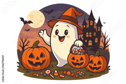 Halloween ghost character with witch hat and candy basket. Cute spooky jack o'lantern pumpkins. Haunted house at night. Vector cartoon illustration for kids holiday party.