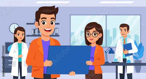 Diverse team celebrates scientific breakthrough holding blank blue sign in modern lab