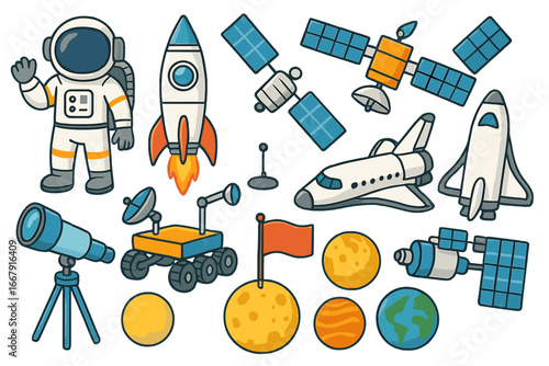 Space exploration icon set. Vector cartoon collection of astronaut, rocket, satellite, shuttle, rover and planets. Astronomy science graphic elements for kids. Isolated design.