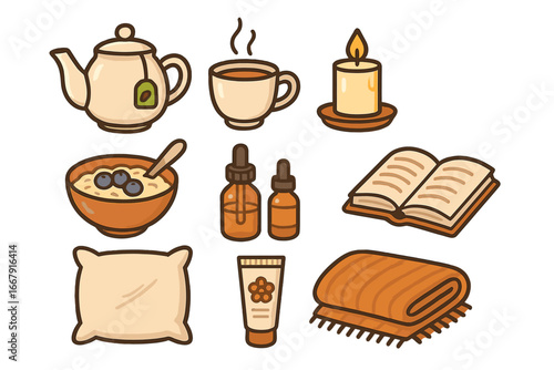 Relaxing evening routine and self-care concept. Cozy home wellness elements: tea, candle, book, essential oil, pillow, blanket. Hygge lifestyle vector illustration icon set.