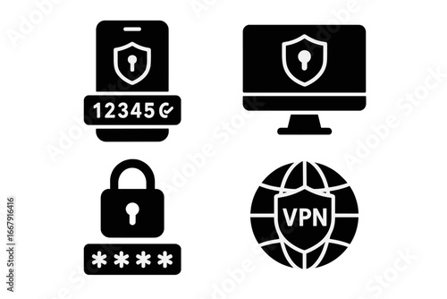Cybersecurity glyph icon set. Solid vector icons of two-factor authentication, secure login, password protection, data encryption and VPN access for digital safety concept.