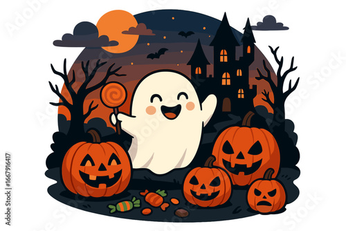 Cute ghost with candy at Halloween party with pumpkins. Happy spooky character vector. Funny monster at night near haunted castle. Jack-o-lantern trick or treat celebration.