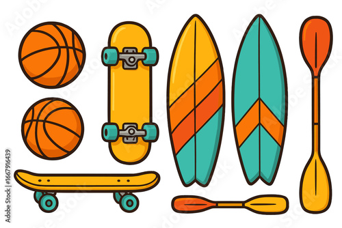 Sports equipment vector set. Fun cartoon collection of isolated basketball, skateboard, surfboard and paddle icons. Active lifestyle, hobby and recreation concept illustration.