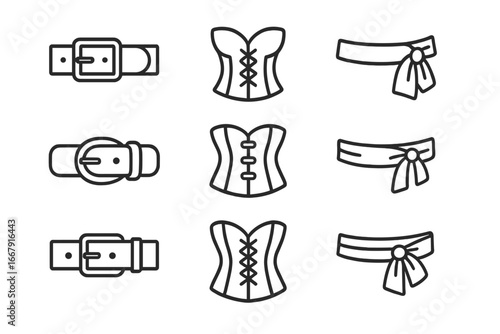 Fashion accessory line icon set. Belts, corsets, sashes collection. Outline vector illustration. Waistband, girdle, bustier, buckle, bow. Woman clothes element design symbol.