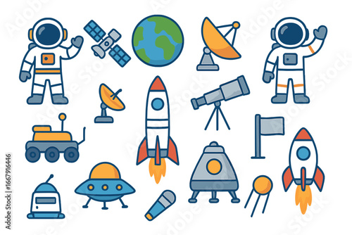 Space exploration vector icon set. Colorful cartoon illustrations of astronaut, rocket, planet, satellite, UFO, rover, telescope. Cosmos and science graphic element collection.