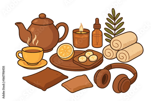 Cozy home wellness set for self-care and relaxation. Hygge lifestyle concept. Comfortable evening routine with tea, spa, food, aromatherapy and music accessories vector icons.